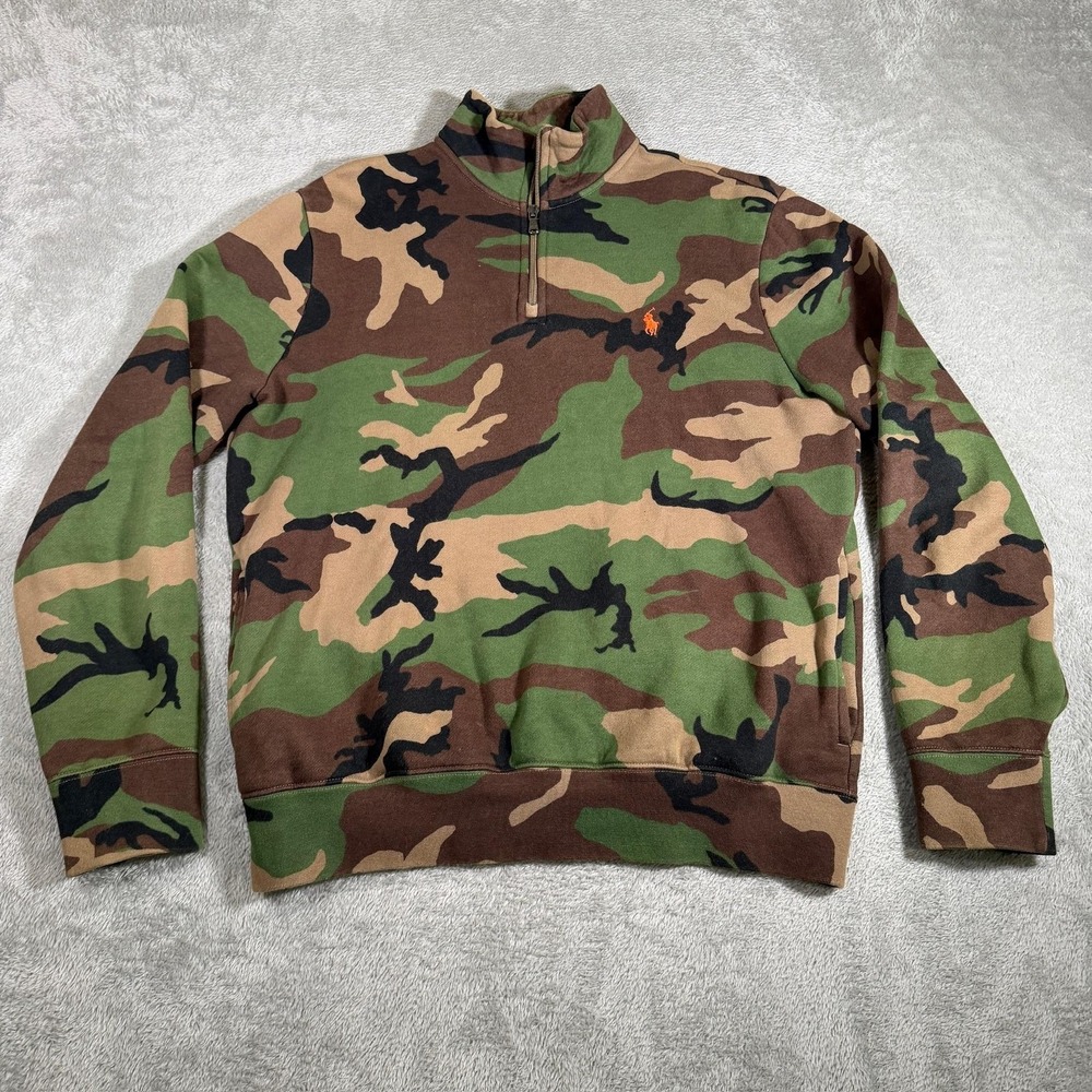 Polo Ralph Lauren Sweatshirt Mens Medium Camo Fleece 1/4 Zip Pullover Army‎